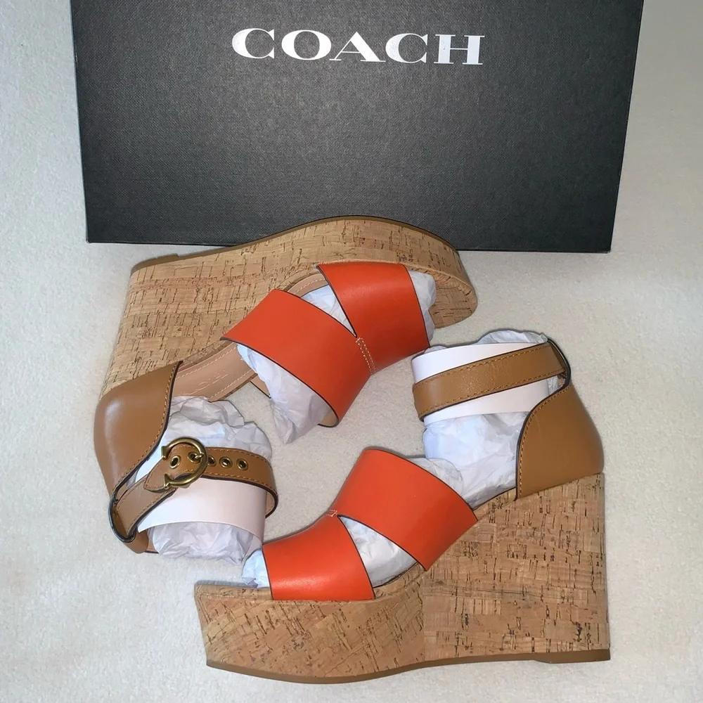 NEW! COACH Isla Colorblock Wedges, Leather & Cork, size 8.5, Brand New in Box! - Picture 2 of 16